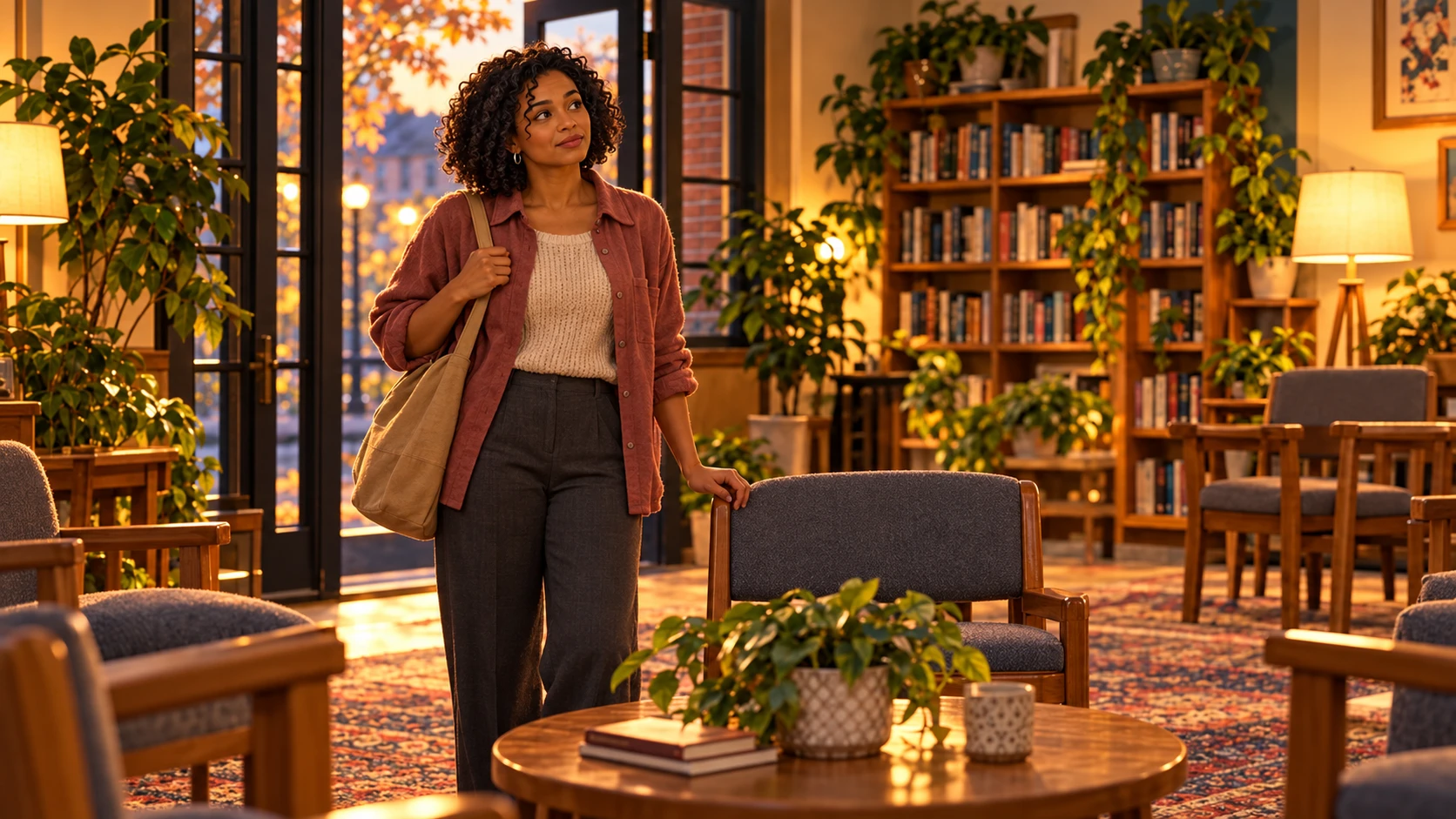 Jade stands beside an empty gray chair at Hope Street before anyone else arrives.