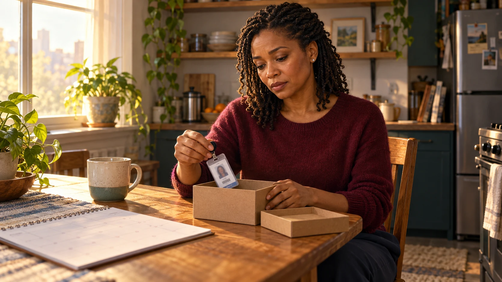 Elena puts her old work badge into a small box at her kitchen table.