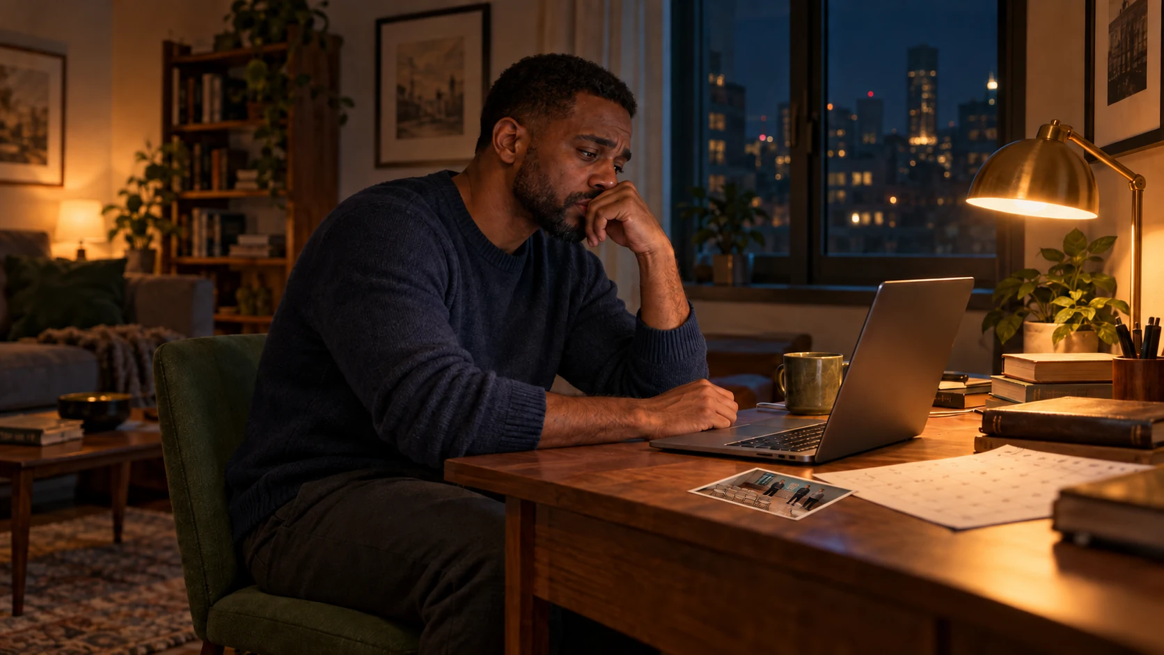 Marcus sits alone at his apartment desk, looking at his laptop in the lamplight.