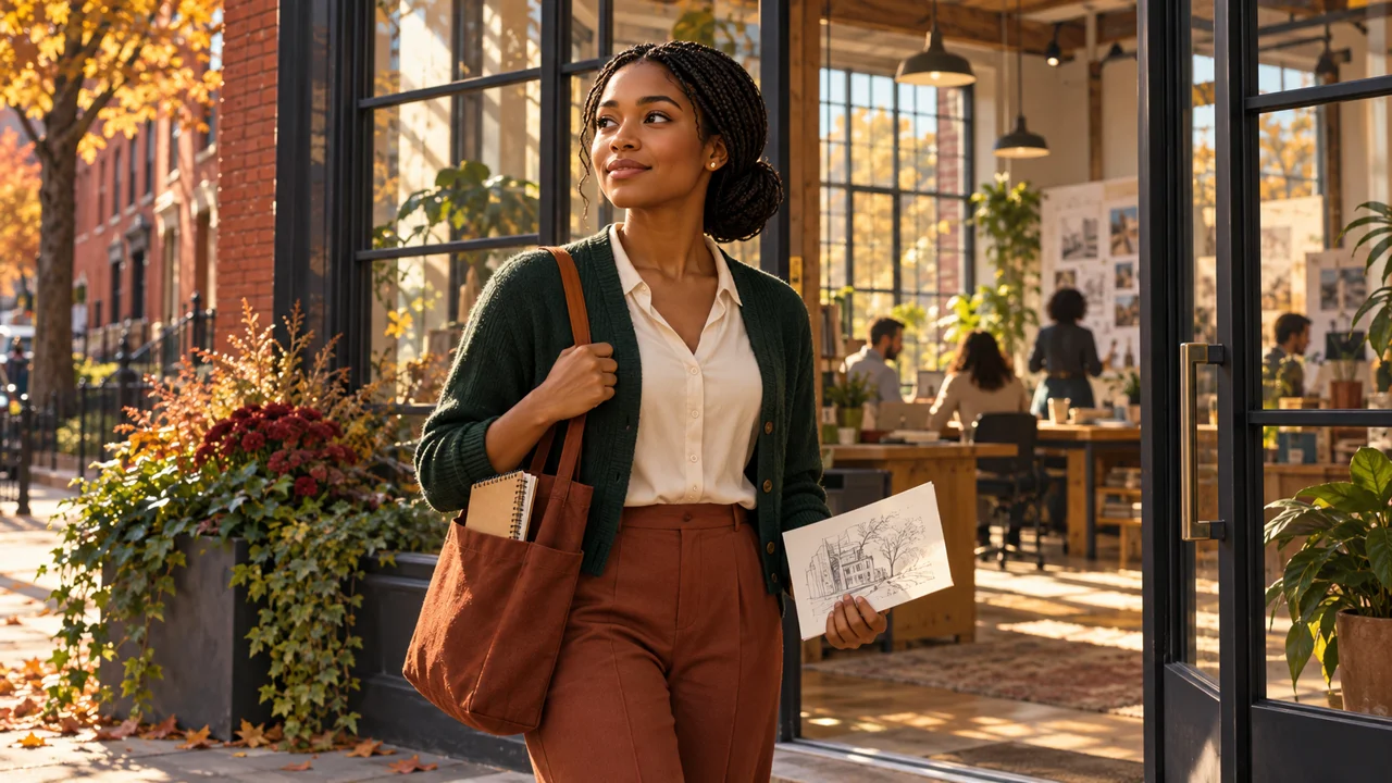 Nia pauses outside the sunlit design studio with a sketchbook and russet tote.